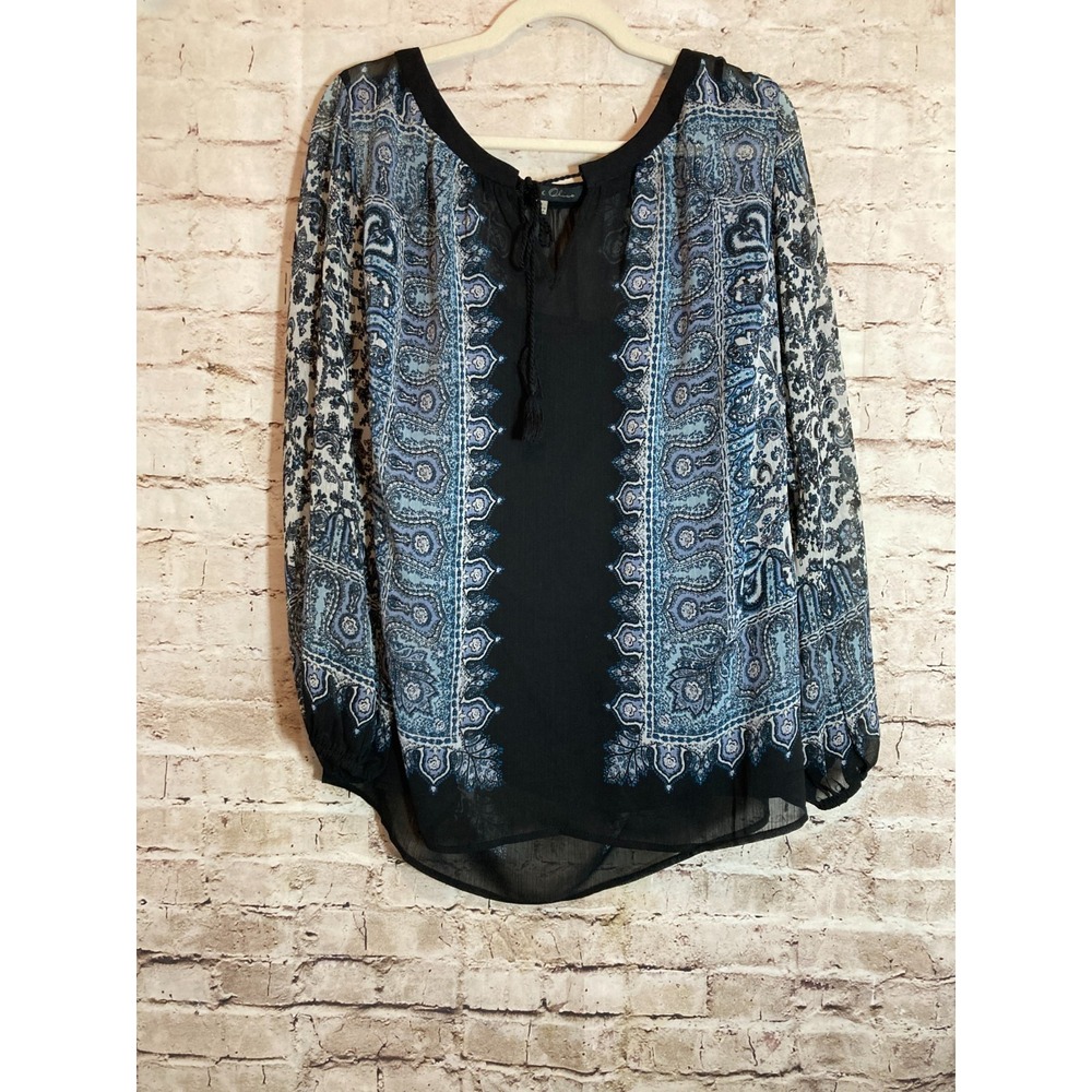 Rose & Olive Top Womens 1X Black Boho Paisley Print Cami Lined Tassel Tied Plus
